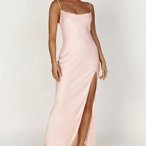 Meshki | Dresses | Meshki Jade Cowl Neck Backless Maxi Dress With Leg Slit  Apricot Sizes L Xl | Poshmark